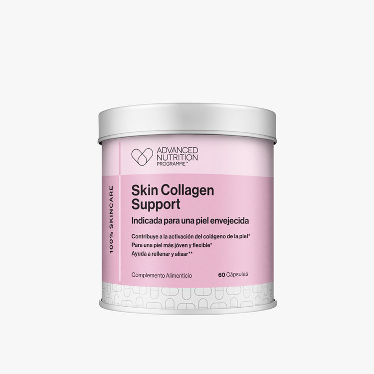 Bote cilíndrico de Skin Collagen Support de Advanced Nutrition Programme con su característica etiqueta rosa y diseño metálico redondo.