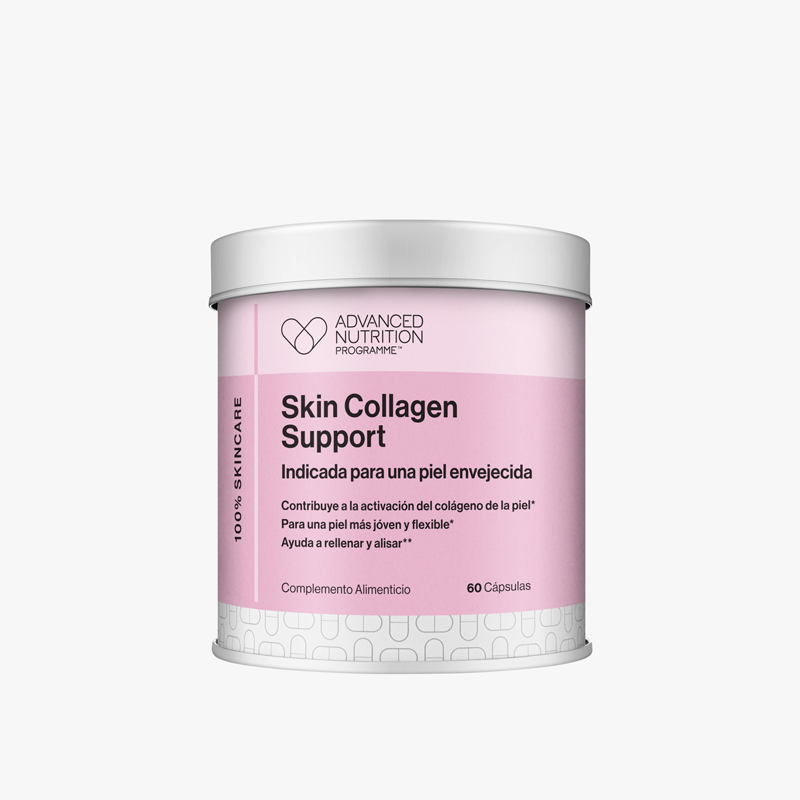Bote cilíndrico de Skin Collagen Support de Advanced Nutrition Programme con su característica etiqueta rosa y diseño metálico redondo.