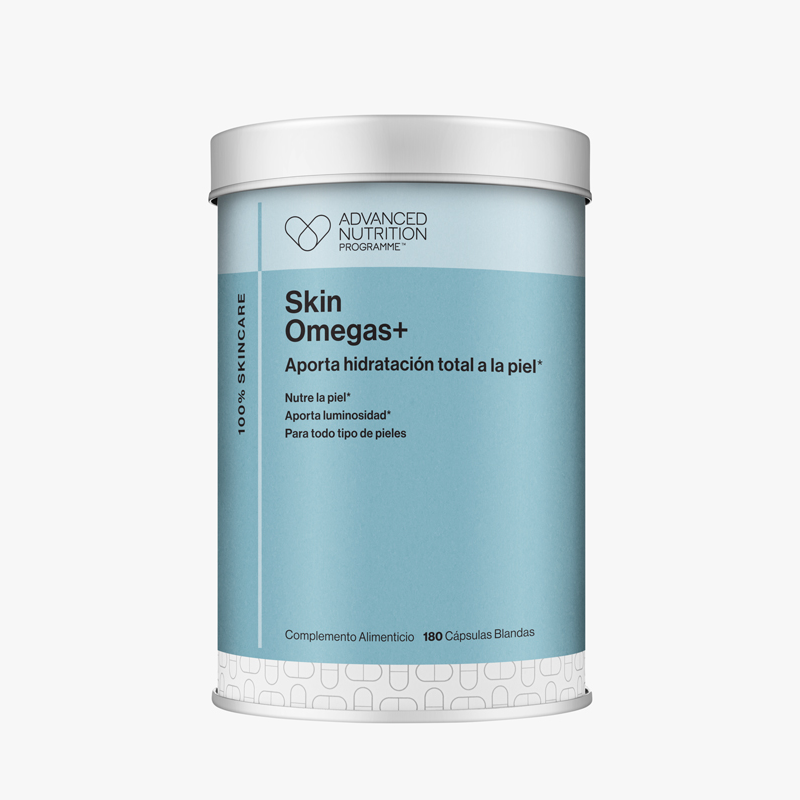 Bote de suplementos Skin Omegas+ de Advanced Nutrition Programme con 60 cápsulas para la hidratación y luminosidad de la piel.