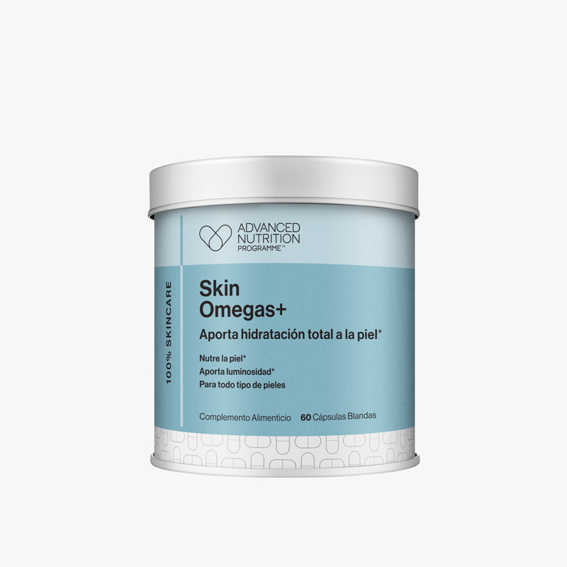 Bote de suplementos Skin Omegas+ de Advanced Nutrition Programme con 60 cápsulas para la hidratación y luminosidad de la piel.