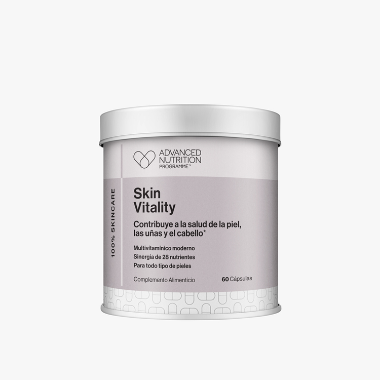 Bote de suplementos Skin Vitality de Advanced Nutrition Programme, un multivitamínico con 60 cápsulas para la salud general de la piel