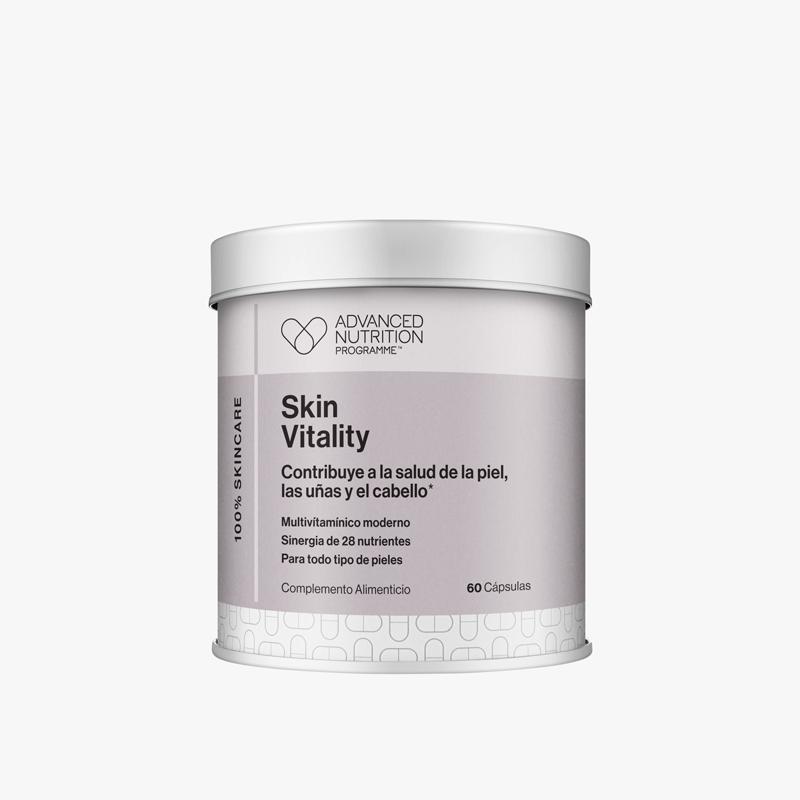 Bote de suplementos Skin Vitality de Advanced Nutrition Programme, un multivitamínico con 60 cápsulas para la salud general de la piel