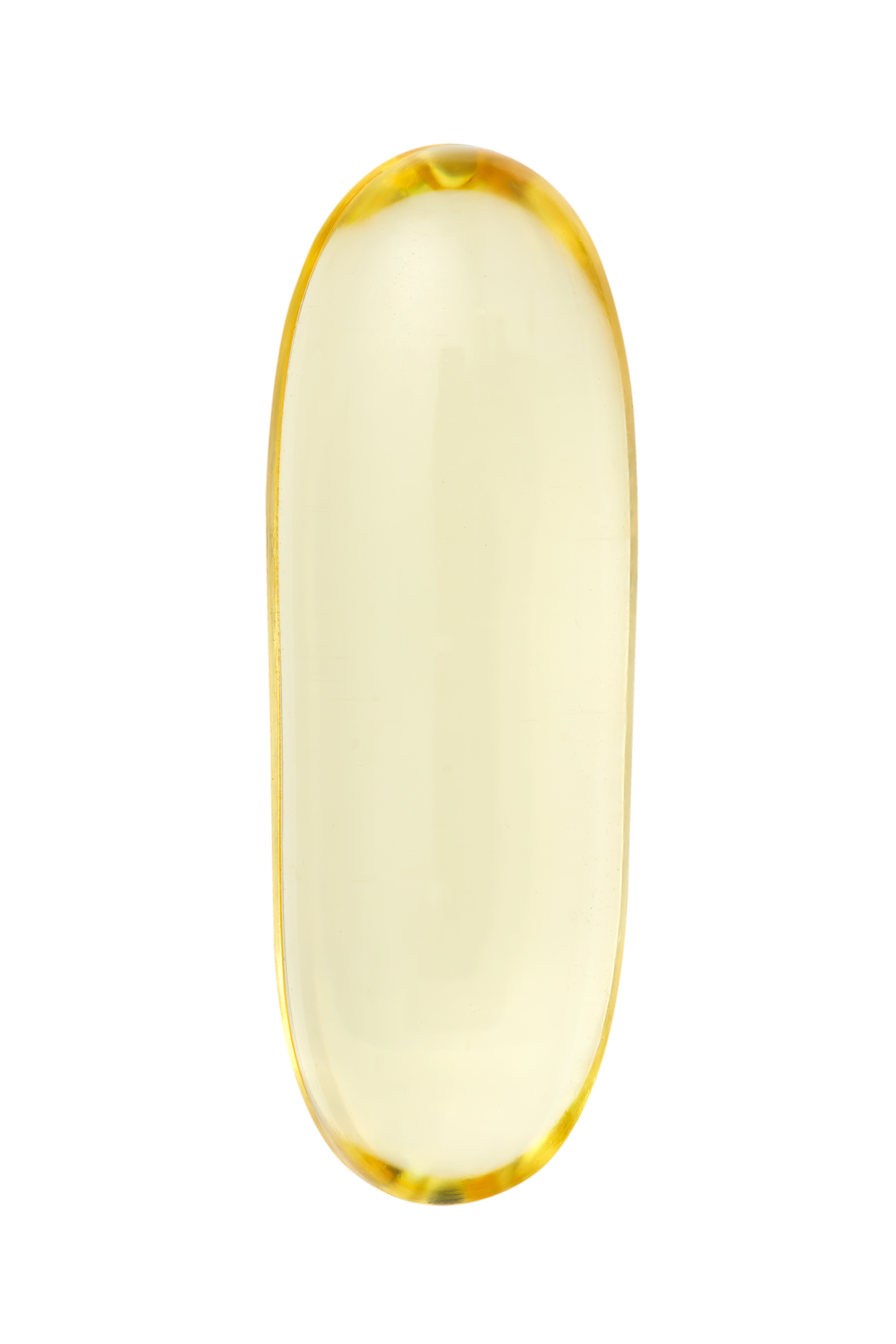 Vista superior de cápsula de gel transparente Skin Omegas+ que muestra el aceite dorado de omega y vitamina A en su interior