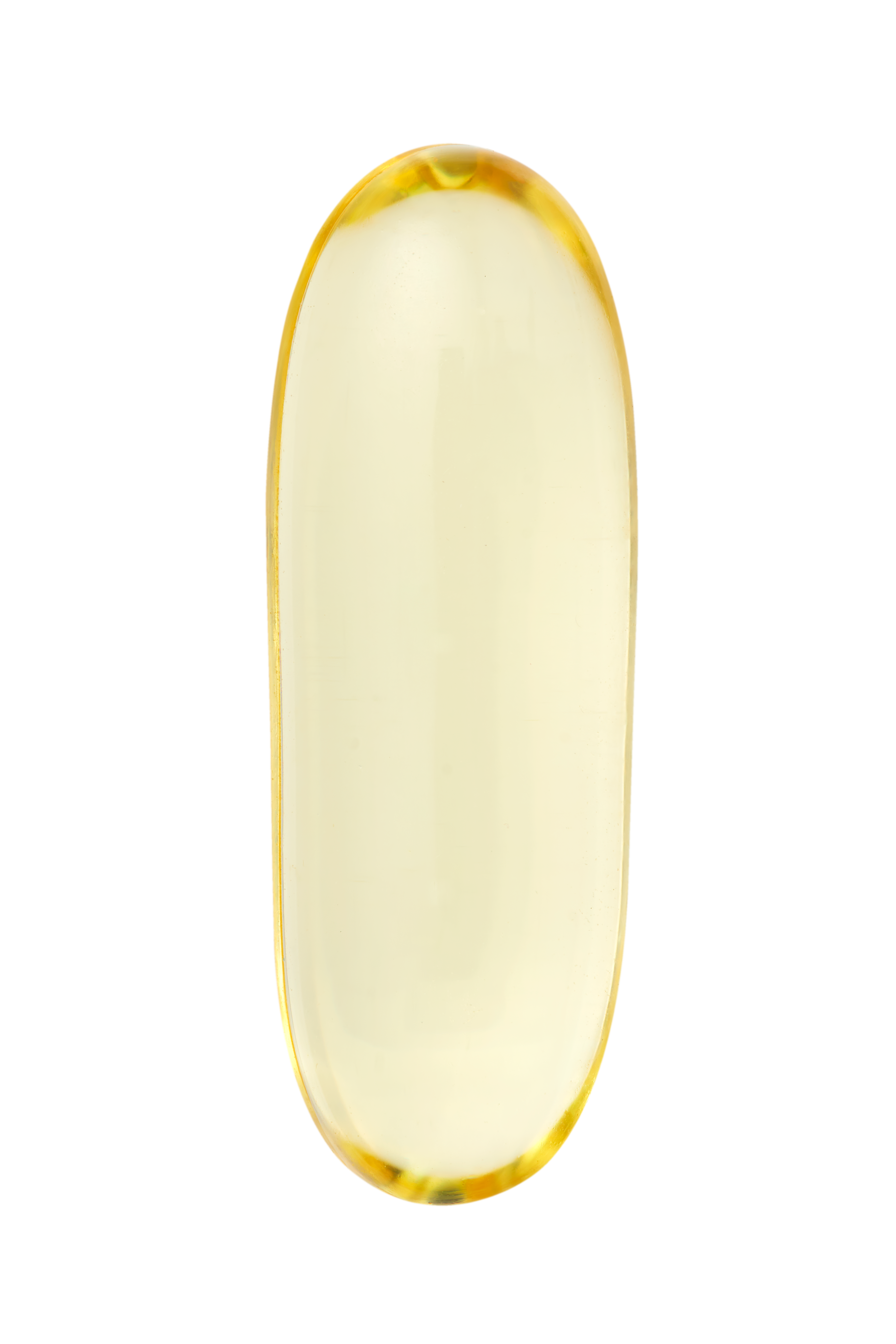 Vista superior de cápsula de gel transparente Skin Omegas+ que muestra el aceite dorado de omega y vitamina A en su interior