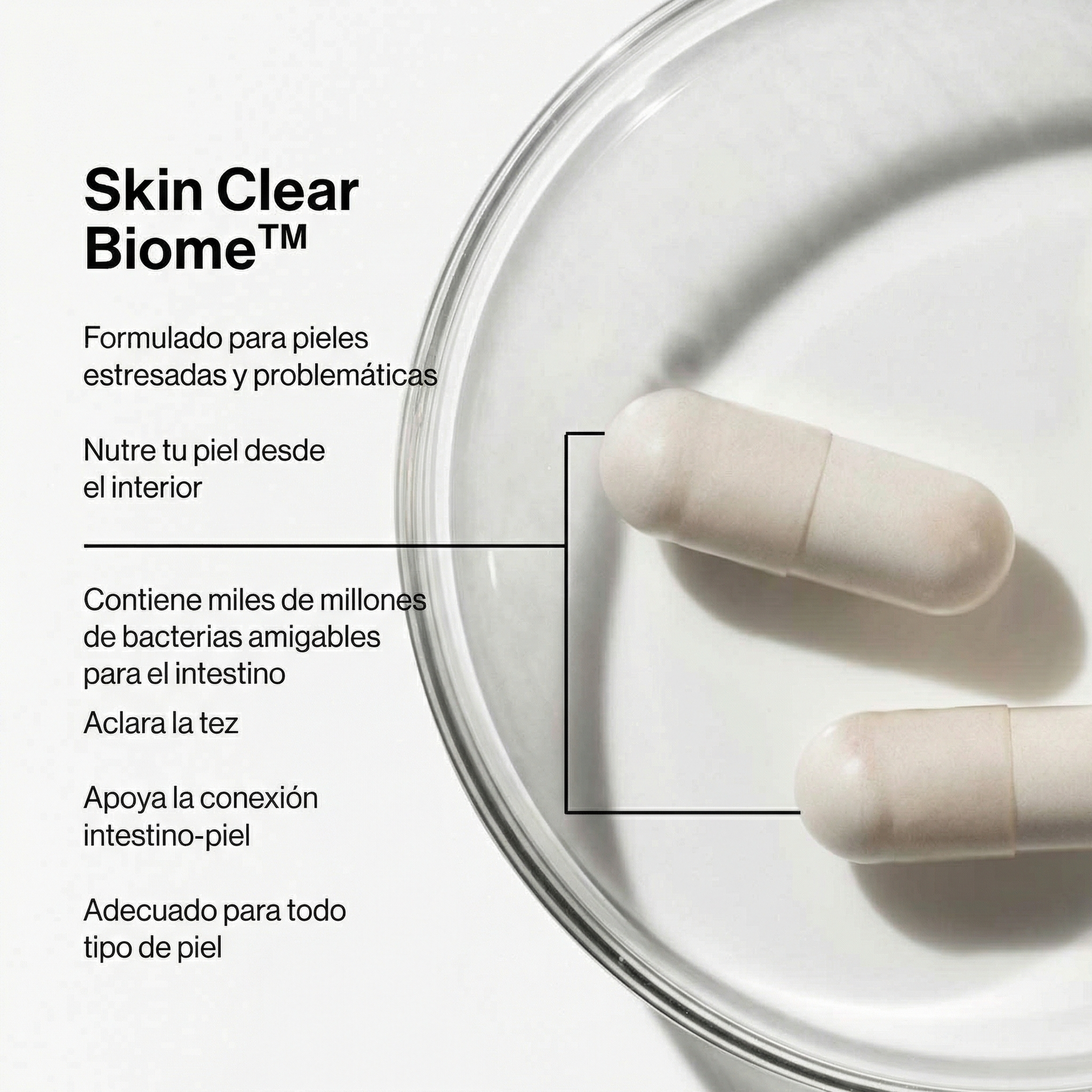 Gráfico explicativo de los beneficios de Clear Skin Biome, detallando su acción sobre el microbioma cutáneo, la reducción del acné y el refuerzo de la barrera protectora de la piel.