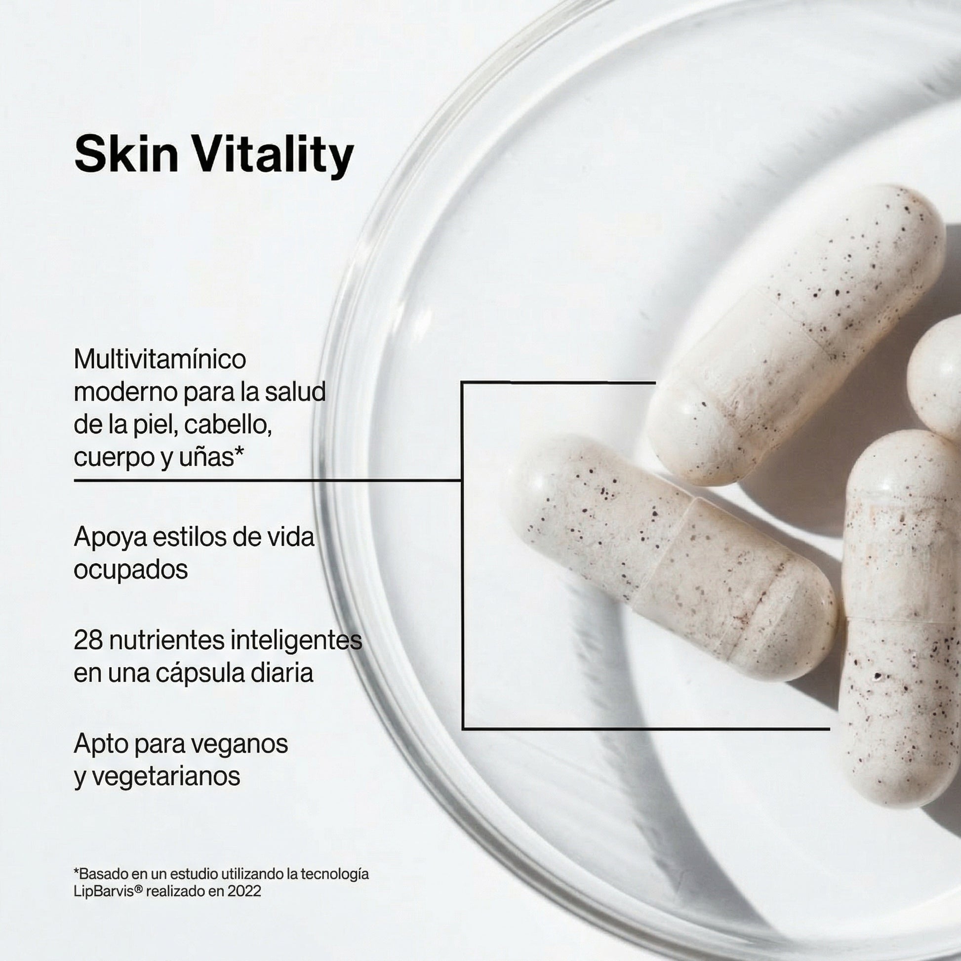 Imagen promocional de Skin Vitality con un resumen de sus beneficios principales y la descripción del complejo vitamínico