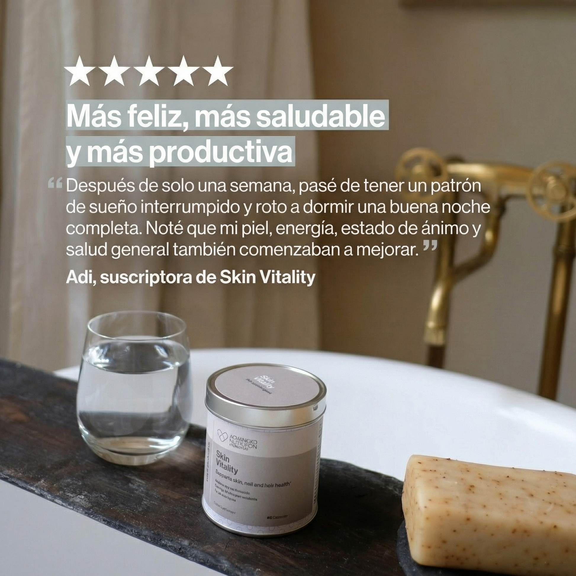Testimonio de un usuario sobre Skin Vitality que describe la mejora en los niveles de energía y el aspecto saludable de la piel.