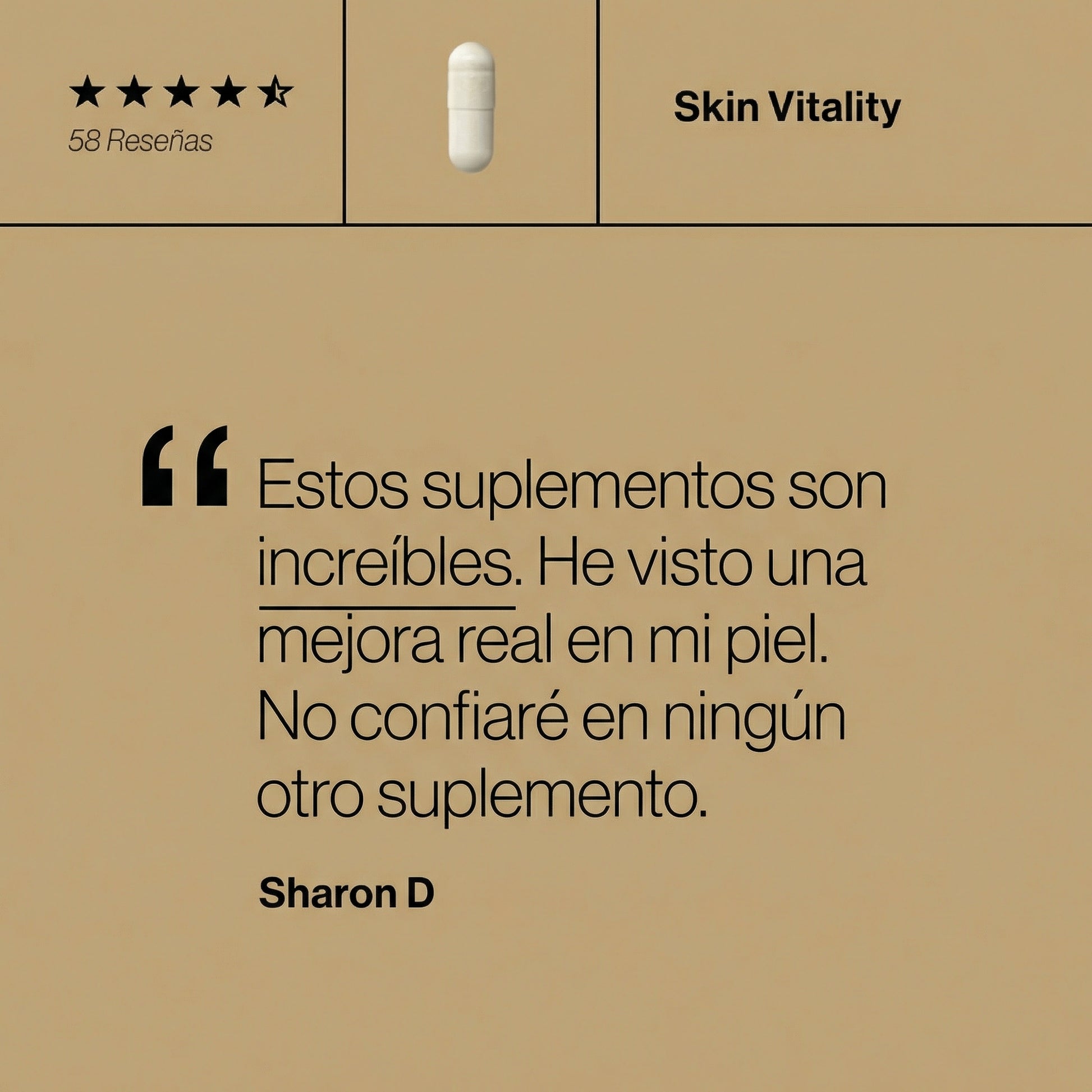 Testimonio de un usuario sobre Skin Vitality que describe la mejora en los niveles de energía y el aspecto saludable de la piel.