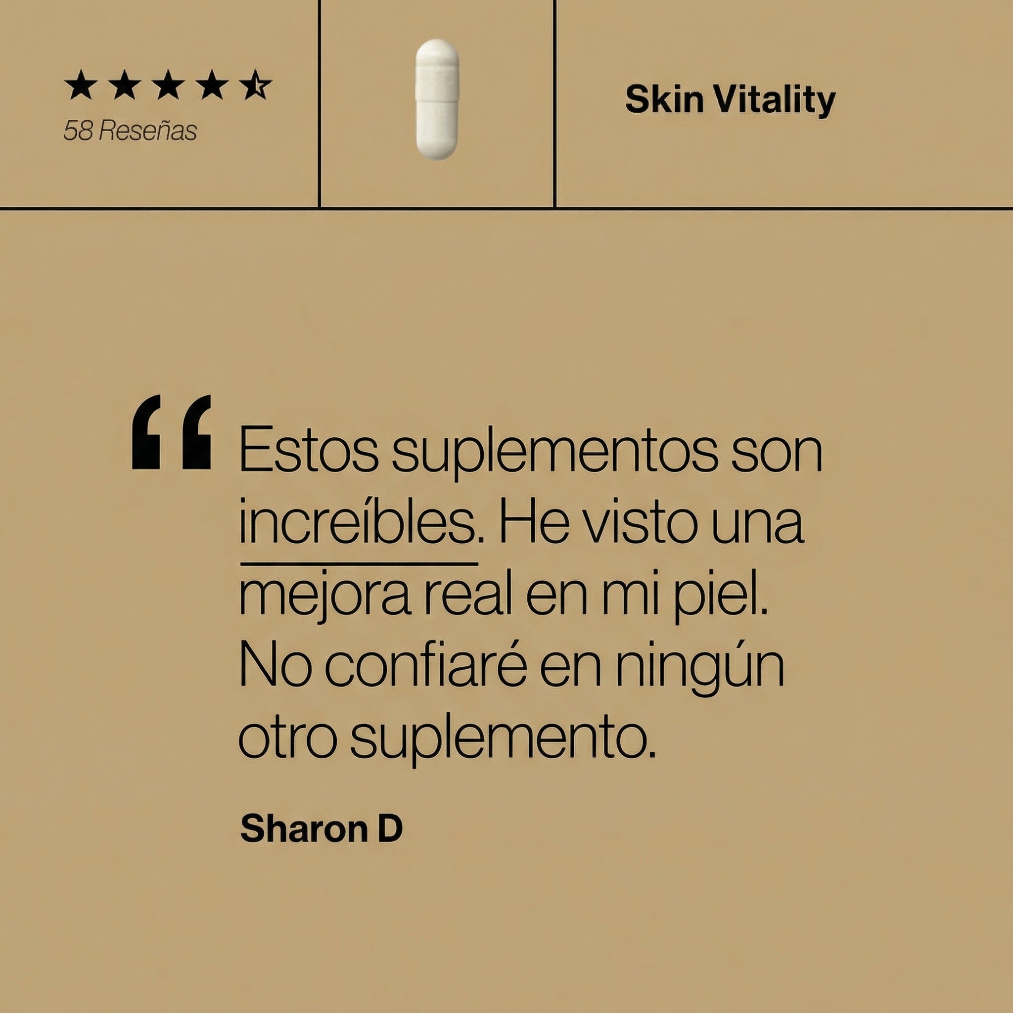 Testimonio de un usuario sobre Skin Vitality que describe la mejora en los niveles de energía y el aspecto saludable de la piel.