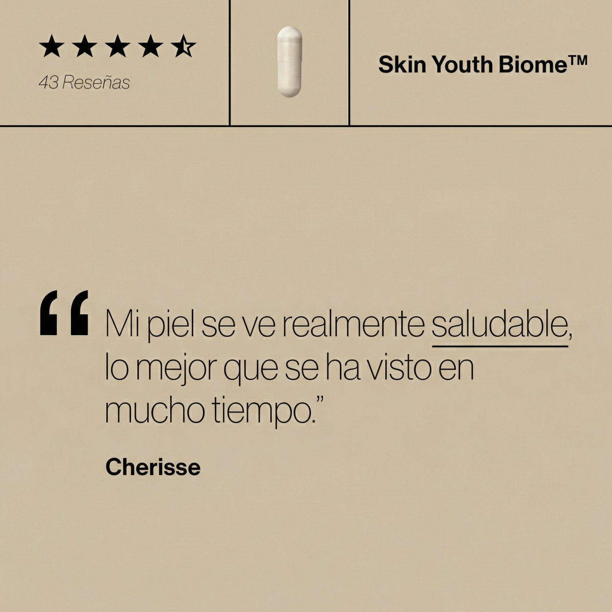 Reseña de Skin Youth Biome que destaca su eficacia no solo en la mejora de la textura y firmeza de la piel, sino también en el bienestar digestivo, reflejando la conexión directa entre el intestino y la salud cutánea.