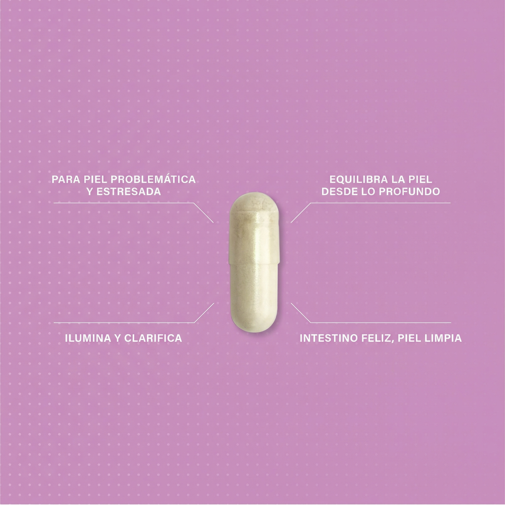 Infografía de los beneficios de Skin Clear Biome, destacando su capacidad para equilibrar el microbioma intestinal, reducir imperfecciones y calmar la inflamación de la piel.