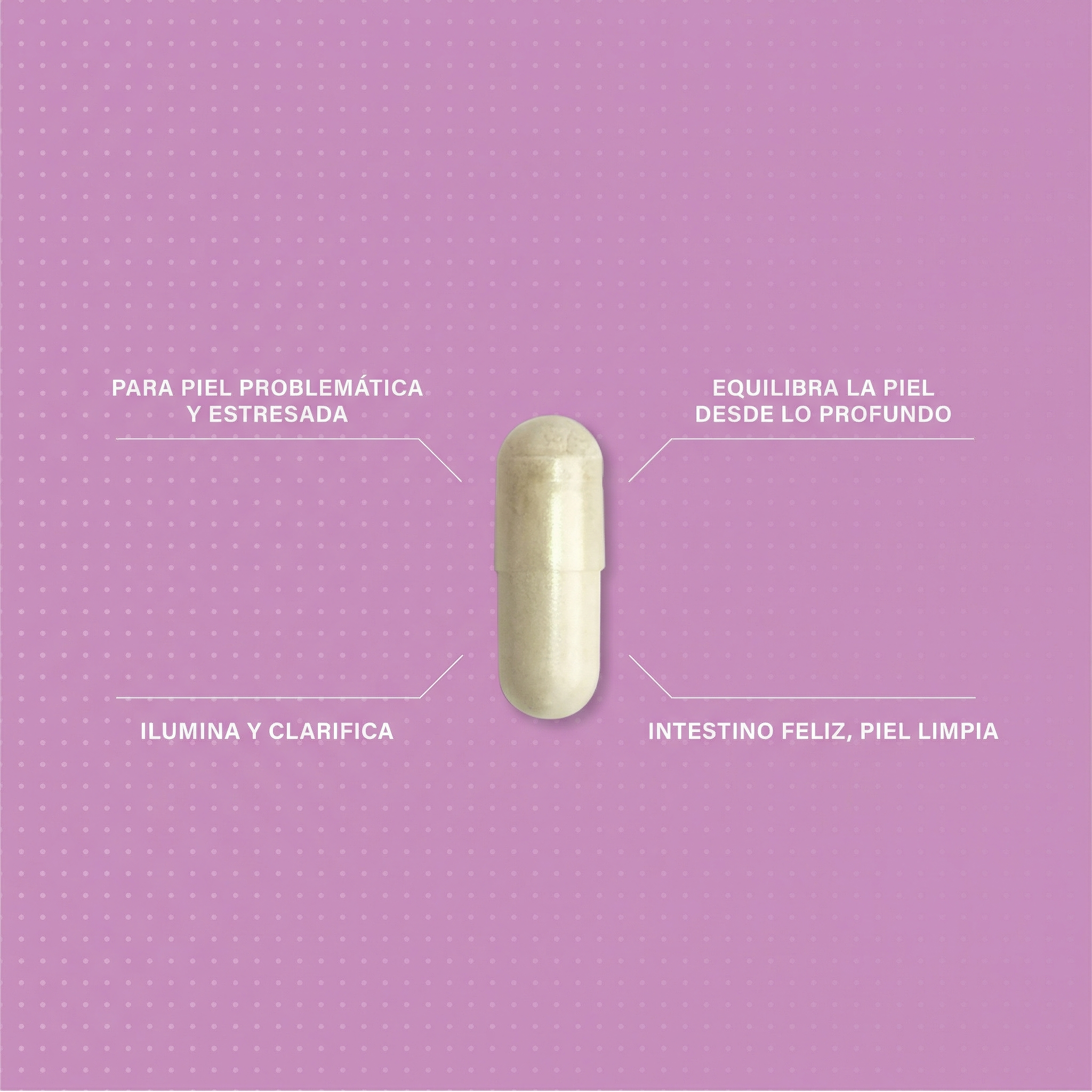 Infografía de los beneficios de Skin Clear Biome, destacando su capacidad para equilibrar el microbioma intestinal, reducir imperfecciones y calmar la inflamación de la piel.