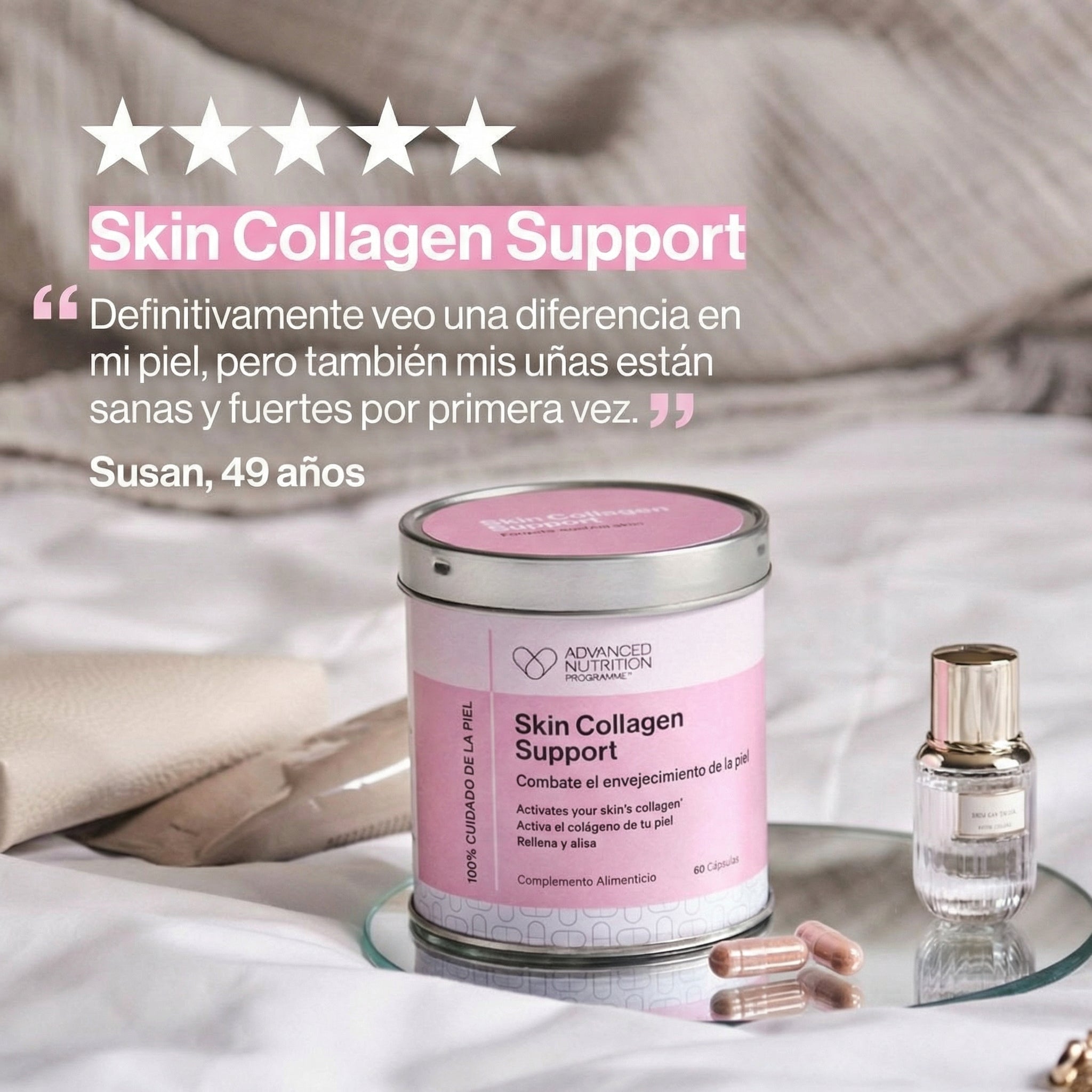 Imagen principal del producto Skin Collagen Support de Advanced Nutrition Programme, mostrando su envase ecológico y minimalista diseñado para potenciar la elasticidad y la firmeza de la piel desde el interior.