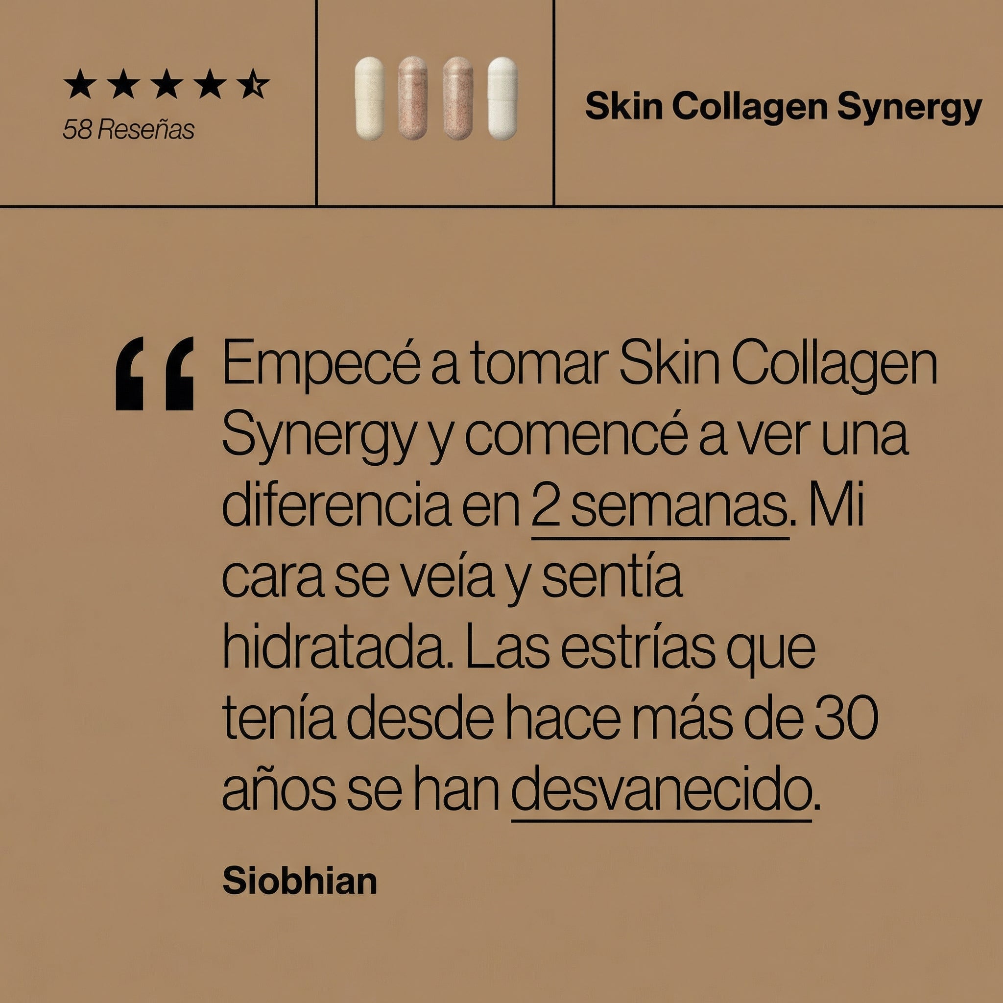 Reseña de una clienta sobre Skin Collagen Synergy que resalta la firmeza recuperada en el rostro y la mejora visible en la hidratación profunda
