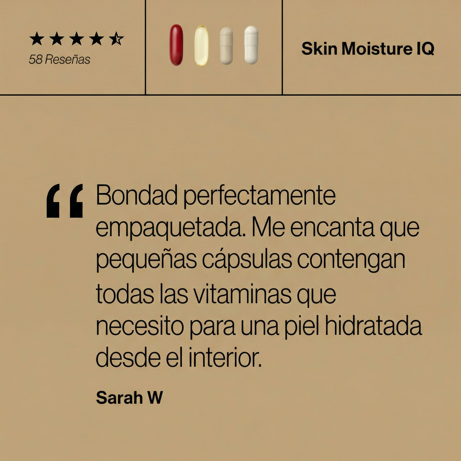 Reseña de una cliente sobre Skin Moisture IQ que destaca la intensa hidratación de "dentro hacia fuera" y cómo ha suavizado las líneas de expresión por sequedad.