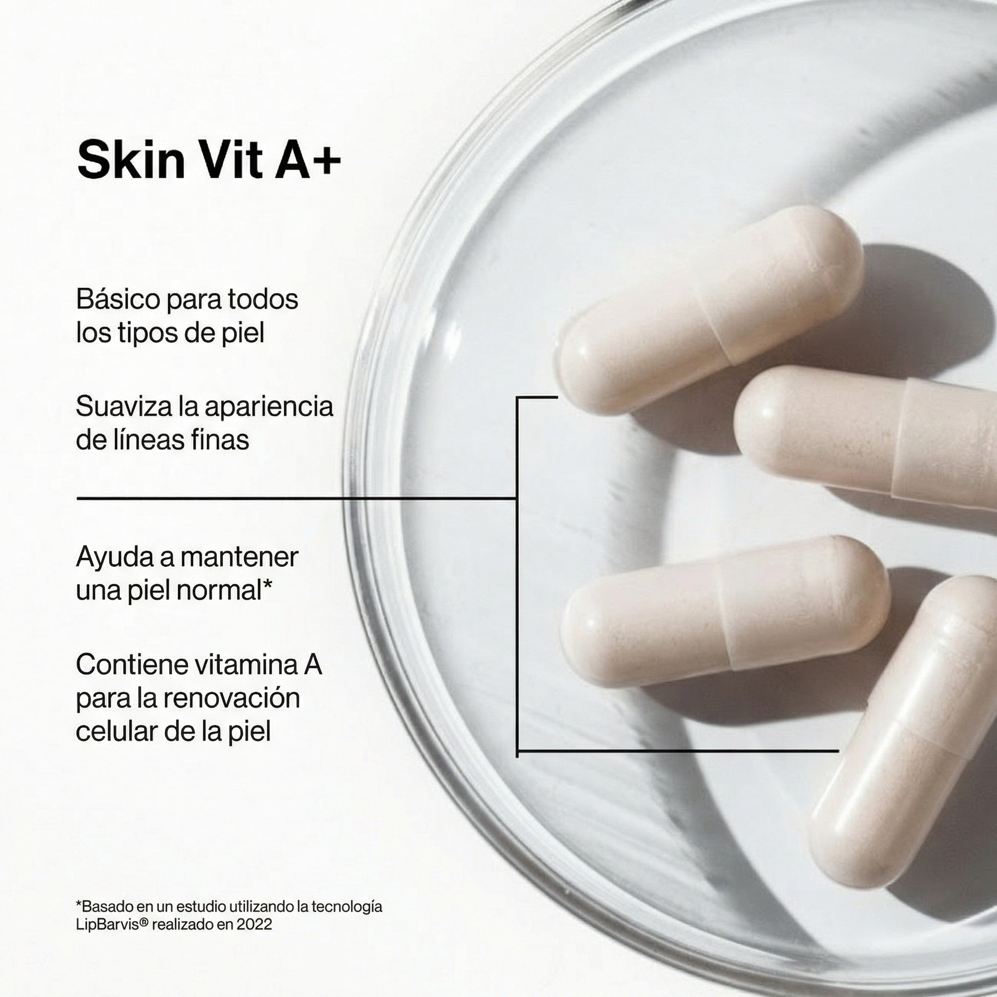 Gráfico con la lista de beneficios de Skin Vit A+ destacando la renovación celular, la producción de colágeno y el rejuvenecimiento de la piel