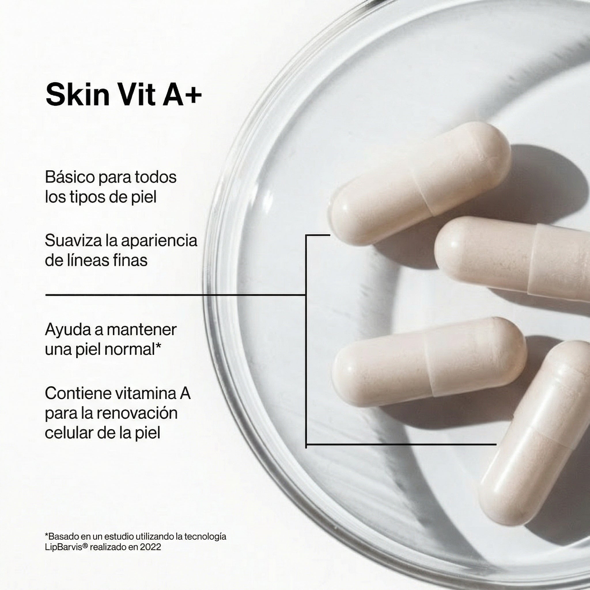 Gráfico con la lista de beneficios de Skin Vit A+ destacando la renovación celular, la producción de colágeno y el rejuvenecimiento de la piel