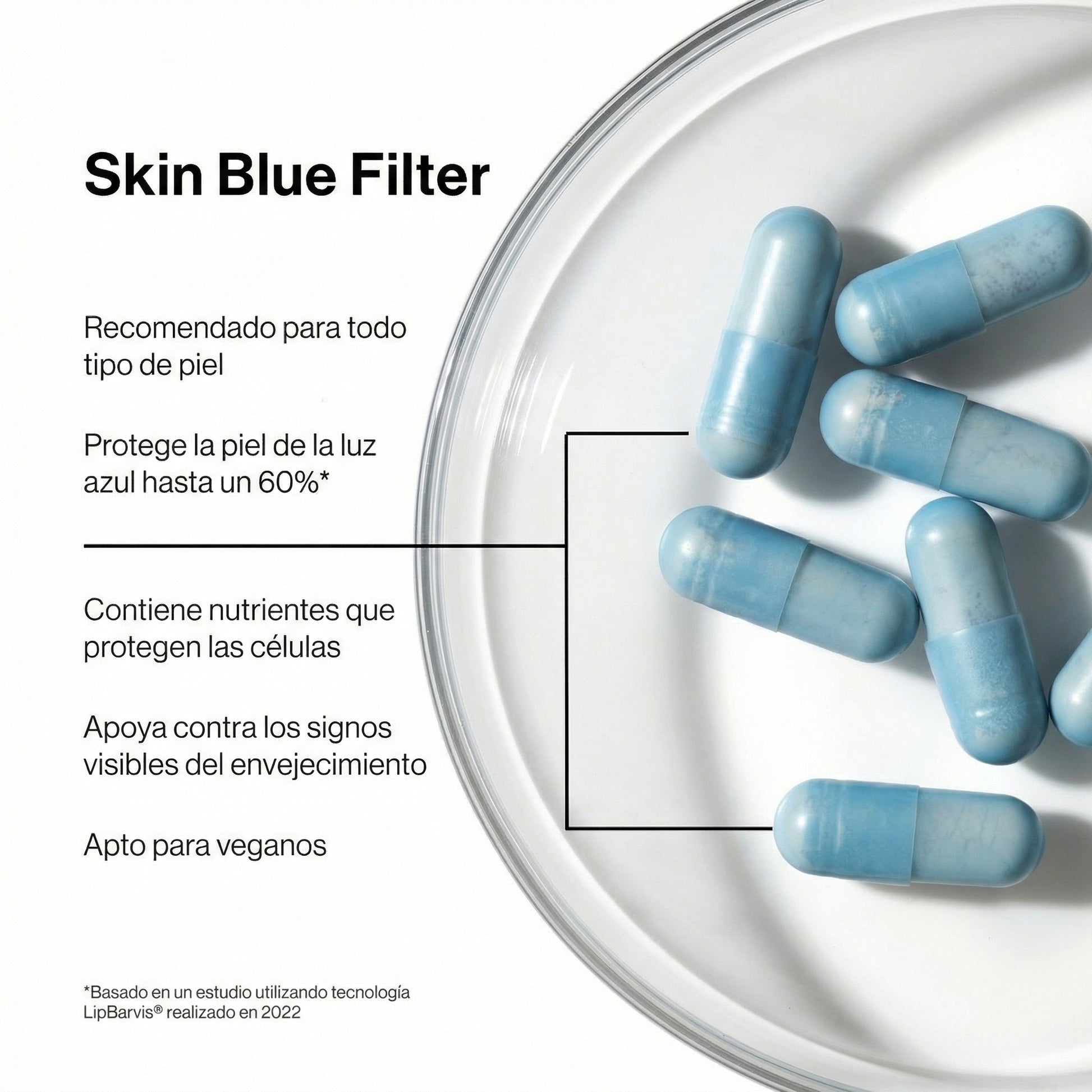 Infografía de los beneficios de Skin Blue Filter, destacando su protección contra el daño de la luz azul, su acción antioxidante y la mejora en la elasticidad de la piel.