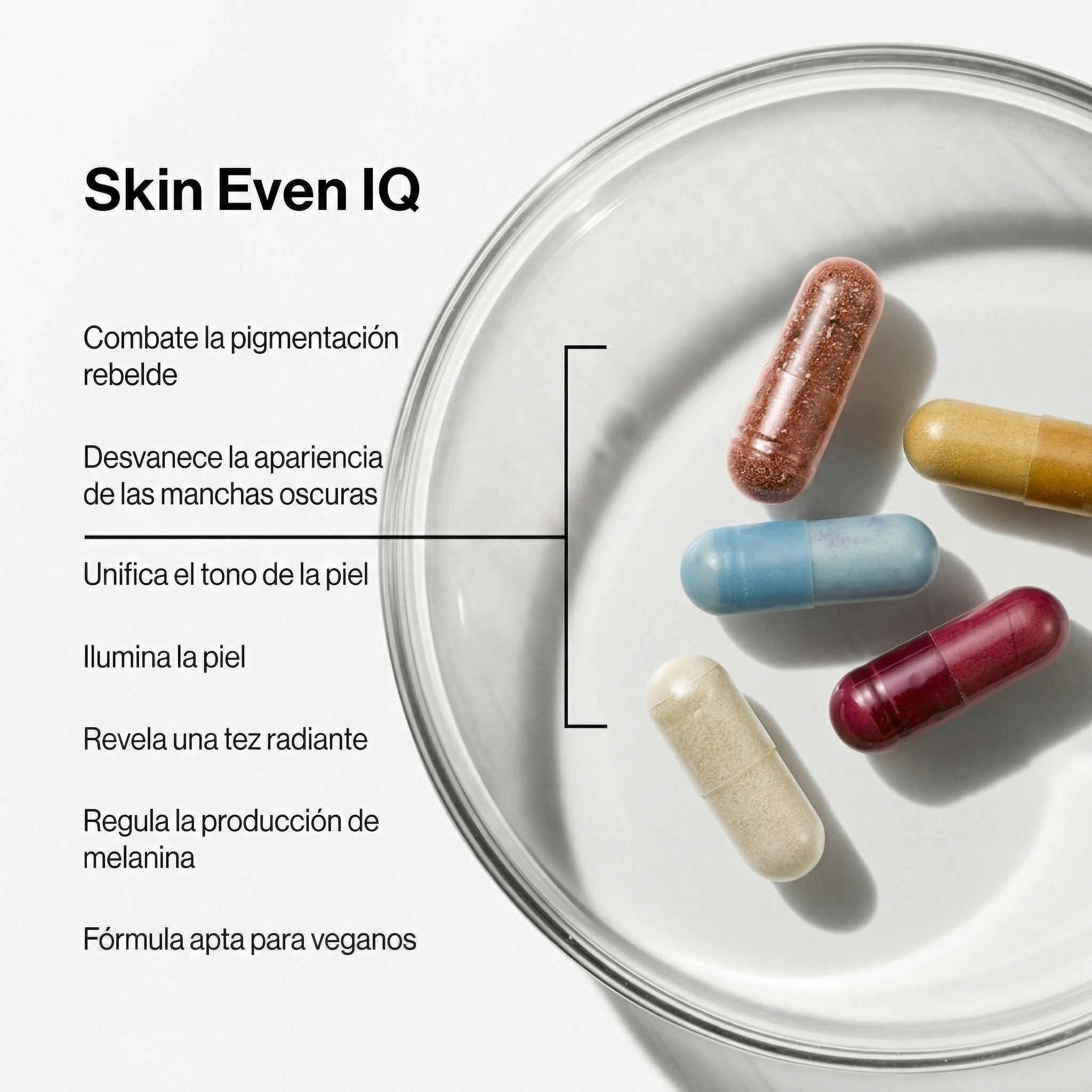 Infografía de Advanced Nutrition Programme con el texto "Combate la pigmentación" y una lista de beneficios para desvanecer manchas y unificar el tono de la piel
