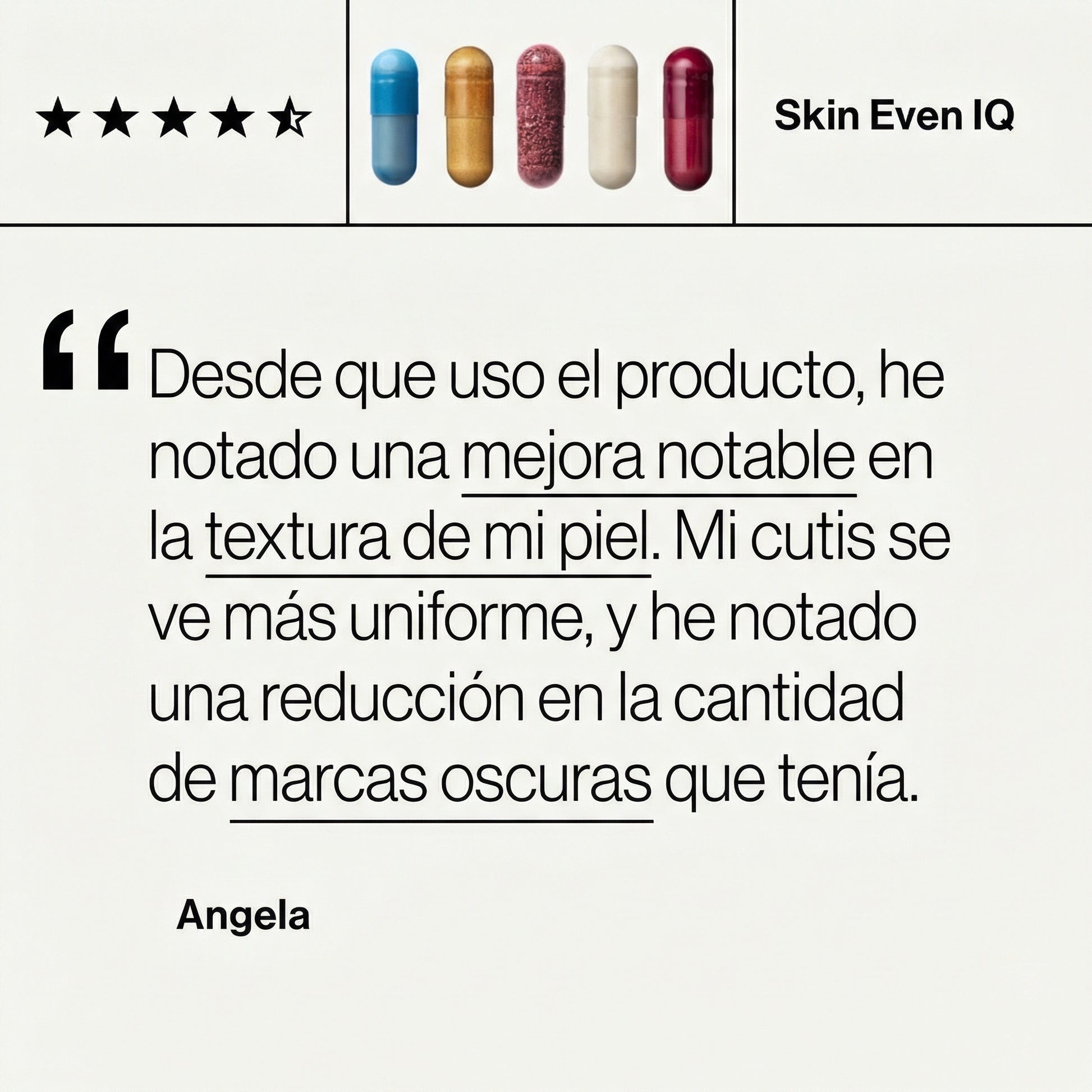 Captura de pantalla de una reseña de cliente destacando los resultados positivos y la eficacia del tratamiento Skin Even IQ