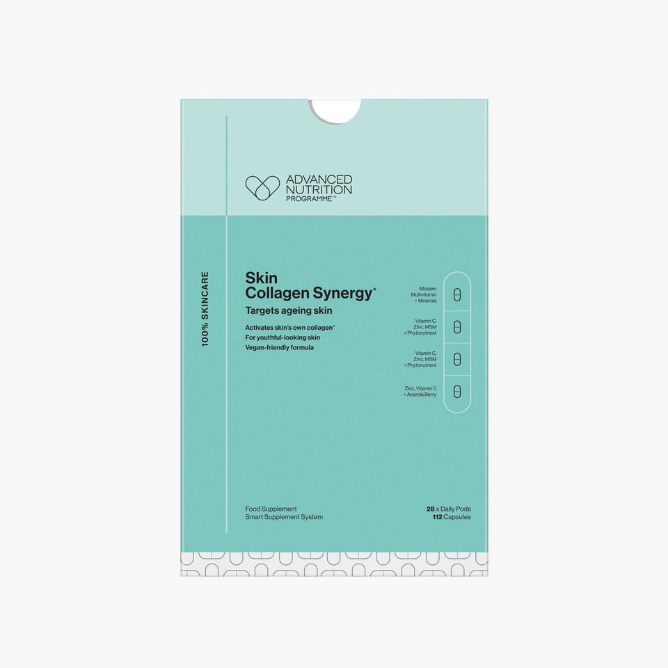 Caja verde de Skin Collagen Synergy de Advanced Nutrition Programme, que contiene el tratamiento combinado para la salud del colágeno